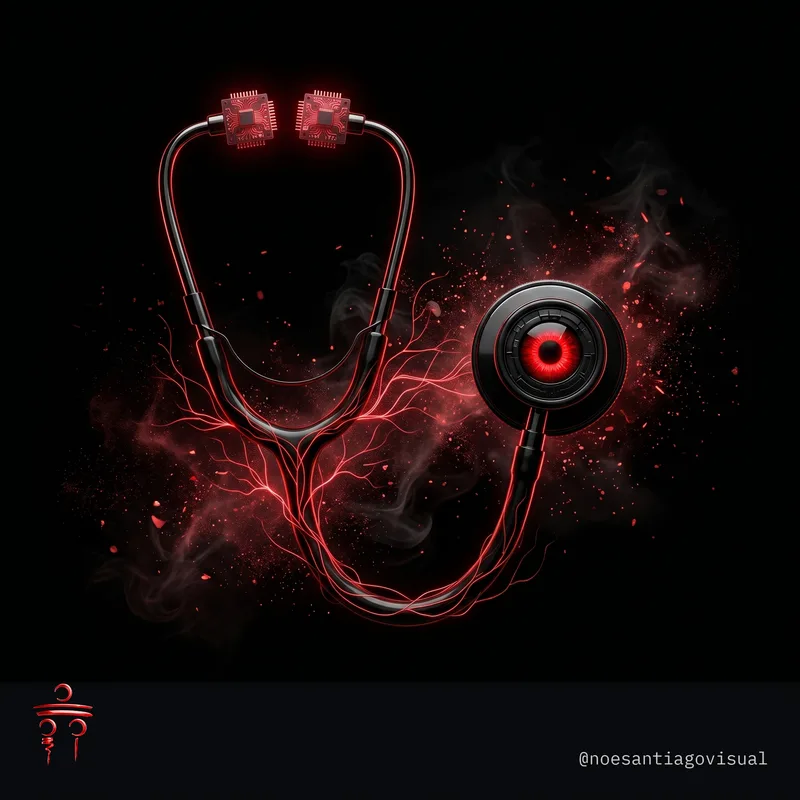 Estetoscopio futurista con chips de procesador en lugar de auriculares y conexiones rojas, ilustrando un agente de inteligencia artificial aplicado a una clínica
