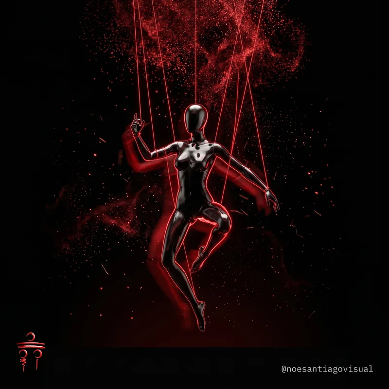 Maniquí negro suspendido por hilos rojos como una marioneta, metáfora visual de mantener redes sociales activas sin estar atado a ellas cada semana